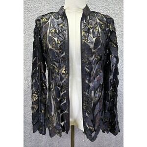 Natto Womens Front Zip Mesh Leaf Printed Leather Jacket Purple Black Size Small